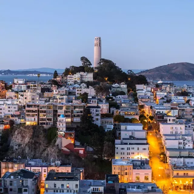 Coit Tower, em São Francisco, ao anoitecer, 前面是灯火通明的街道，后面是贝博体彩app湾.